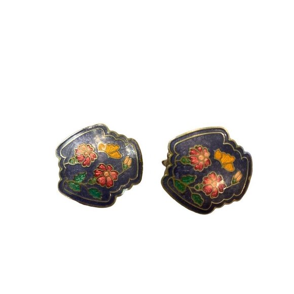 Vintage Floral Cloisonne Earrings Clip On Enamel Blue Pink Flower Butterfly - Picture 4 of 8